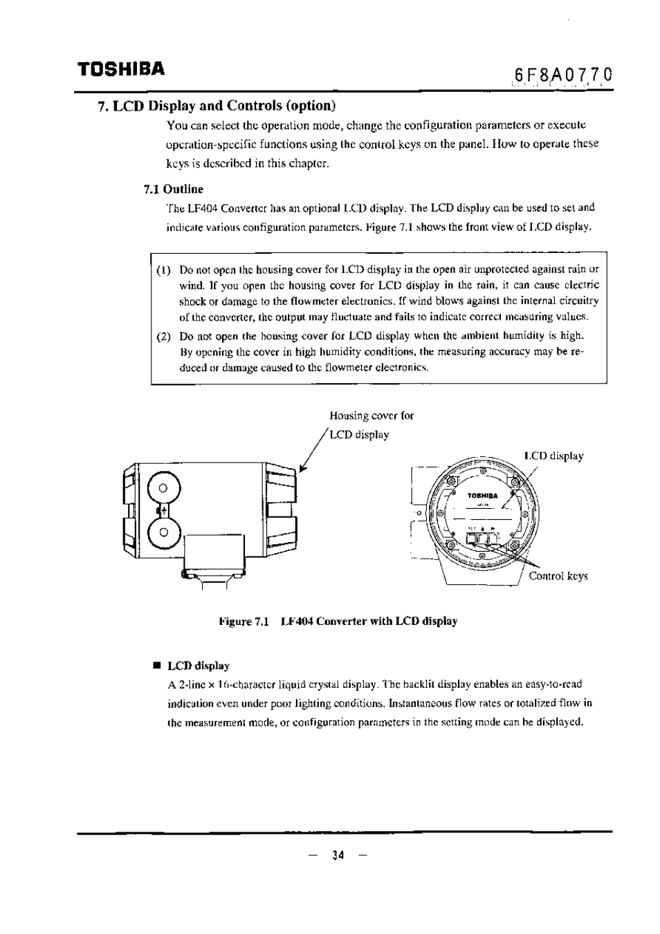 Lcd display and controls (option), 7,1 outline, Toshiba | Toshiba LF434 User Manual | Page 35 / 158