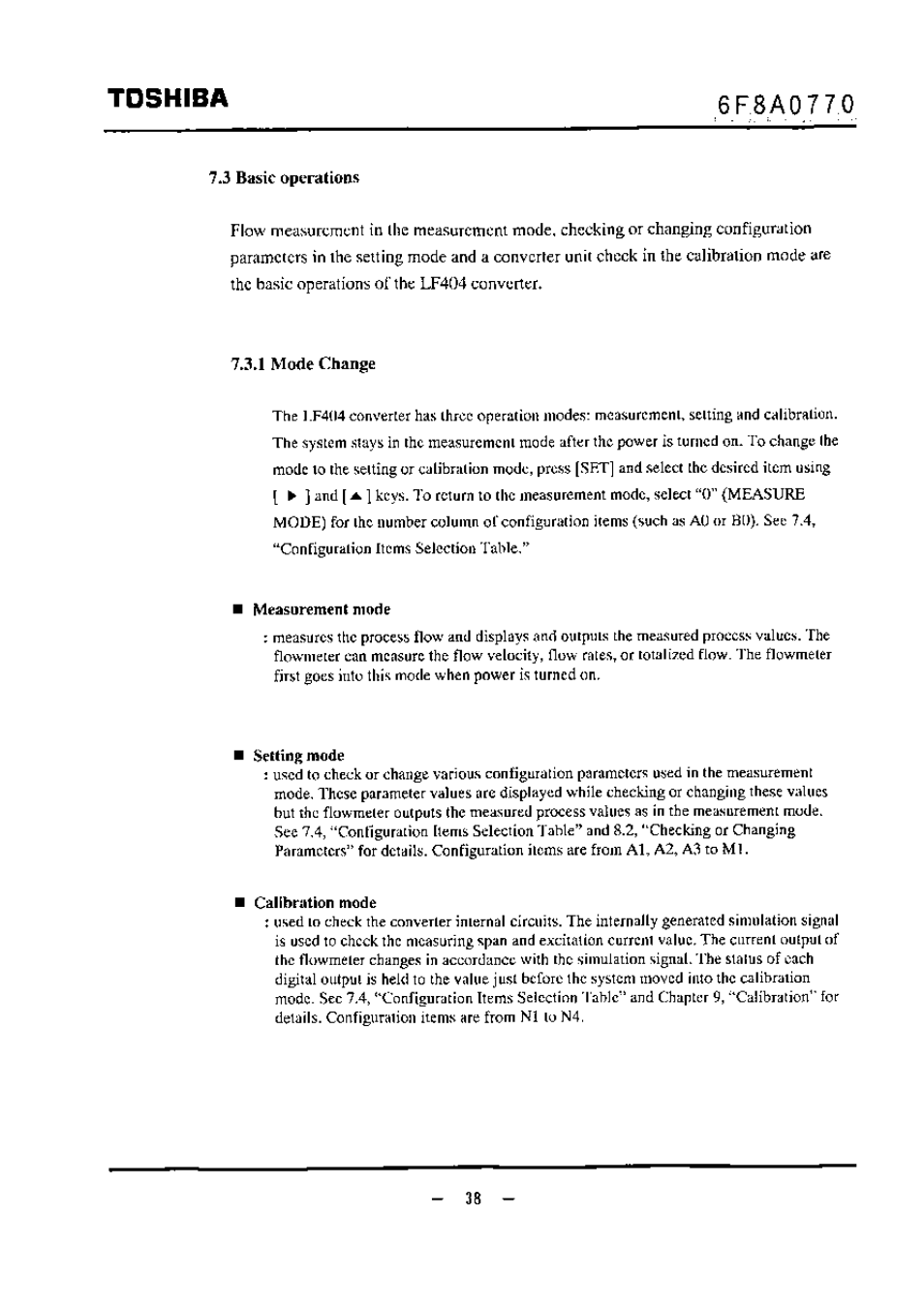 7 j basic operations, Measurement mode, Setting mode | Calibrtttion mode, Toshiba | Toshiba LF434 User Manual | Page 39 / 158
