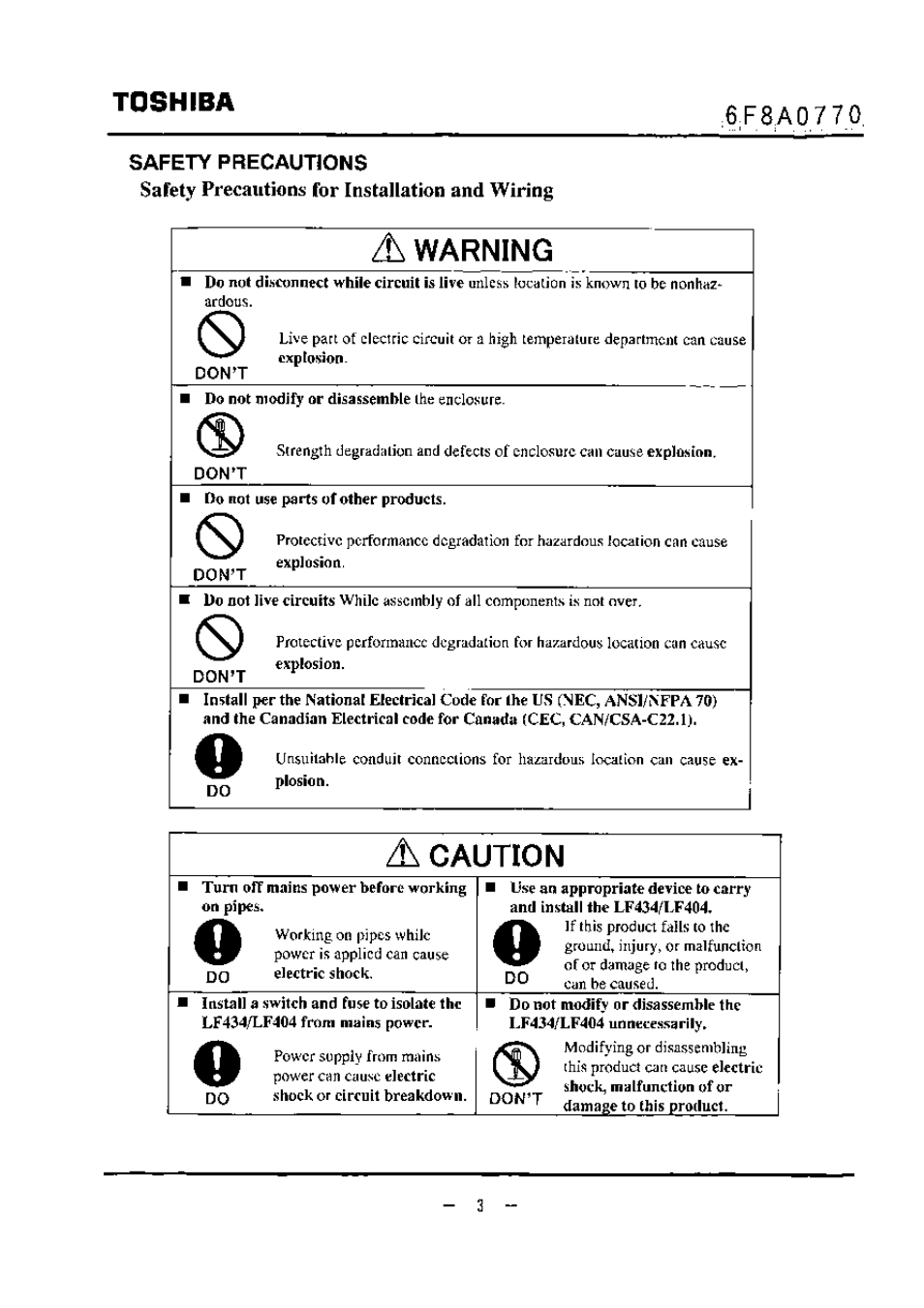 Safety precautions for installation and wiring, Dont, Zh warning | Caution, Toshiba | Toshiba LF434 User Manual | Page 4 / 158