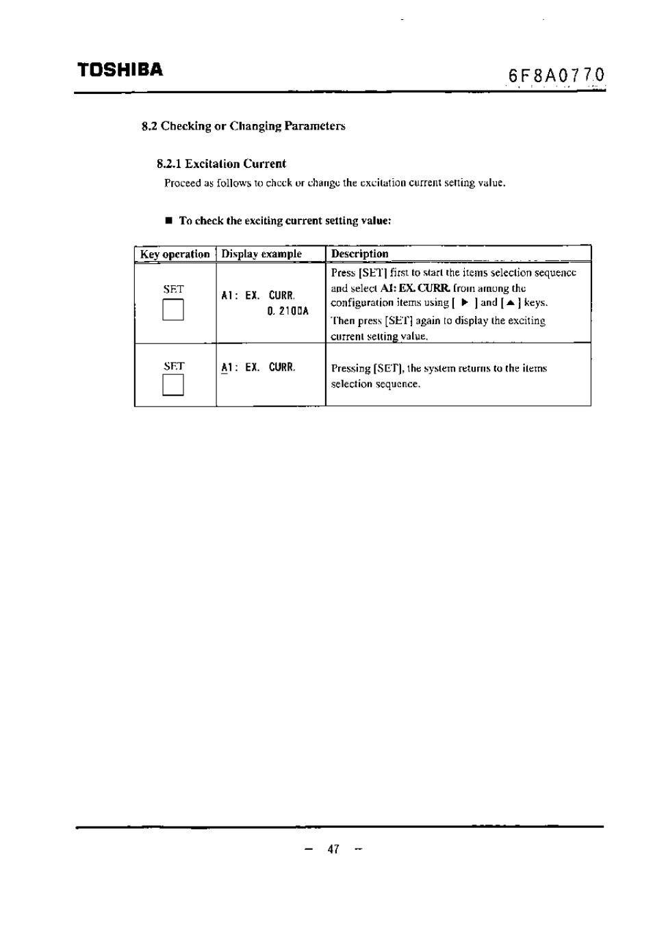 2 checking or changing paramctm, 1 excktalion current, Toshiba | Toshiba LF434 User Manual | Page 48 / 158