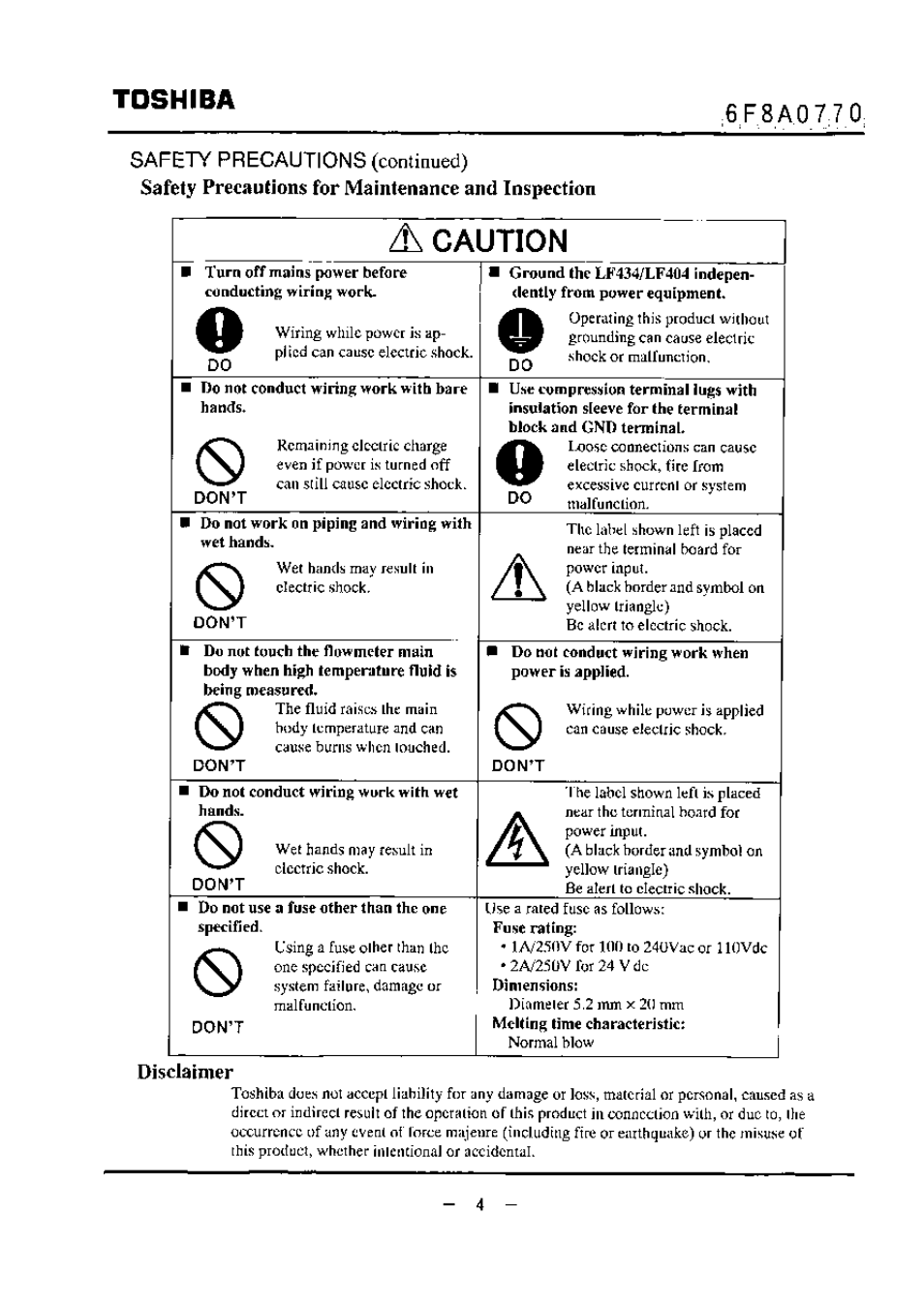 Safety precautions for maintenance and inspection, Disclaimer, Caution | Toshiba | Toshiba LF434 User Manual | Page 5 / 158