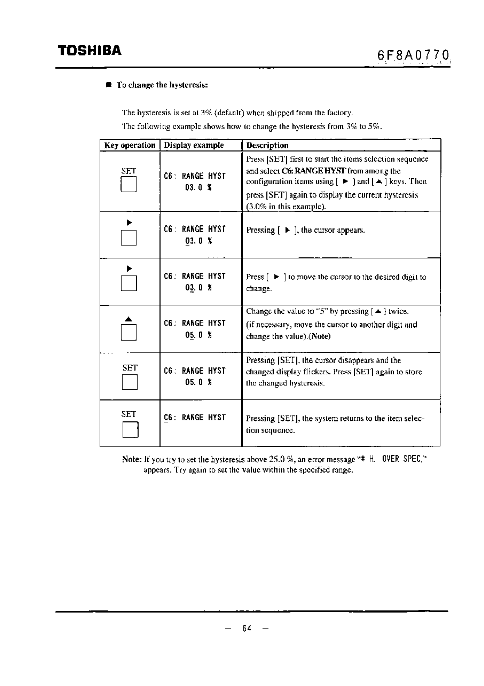 To change the hysteresis, Toshiba | Toshiba LF434 User Manual | Page 65 / 158
