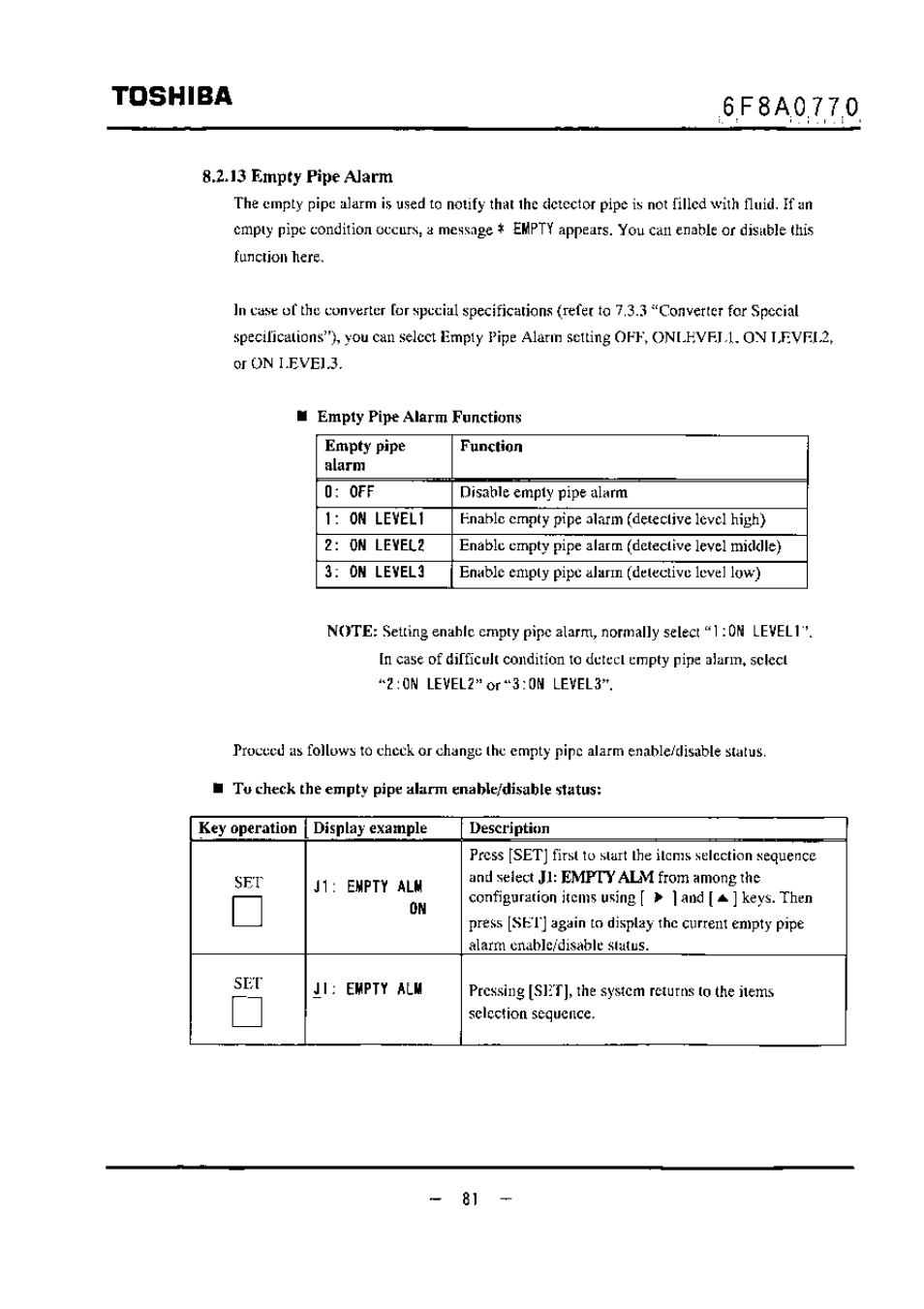 13 empty pipe alarm, Toshiba | Toshiba LF434 User Manual | Page 82 / 158