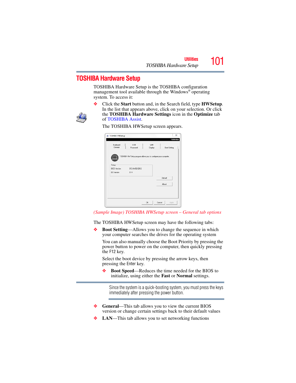 Toshiba hardware setup, Hardw | Toshiba LX800 User Manual | Page 101 / 159