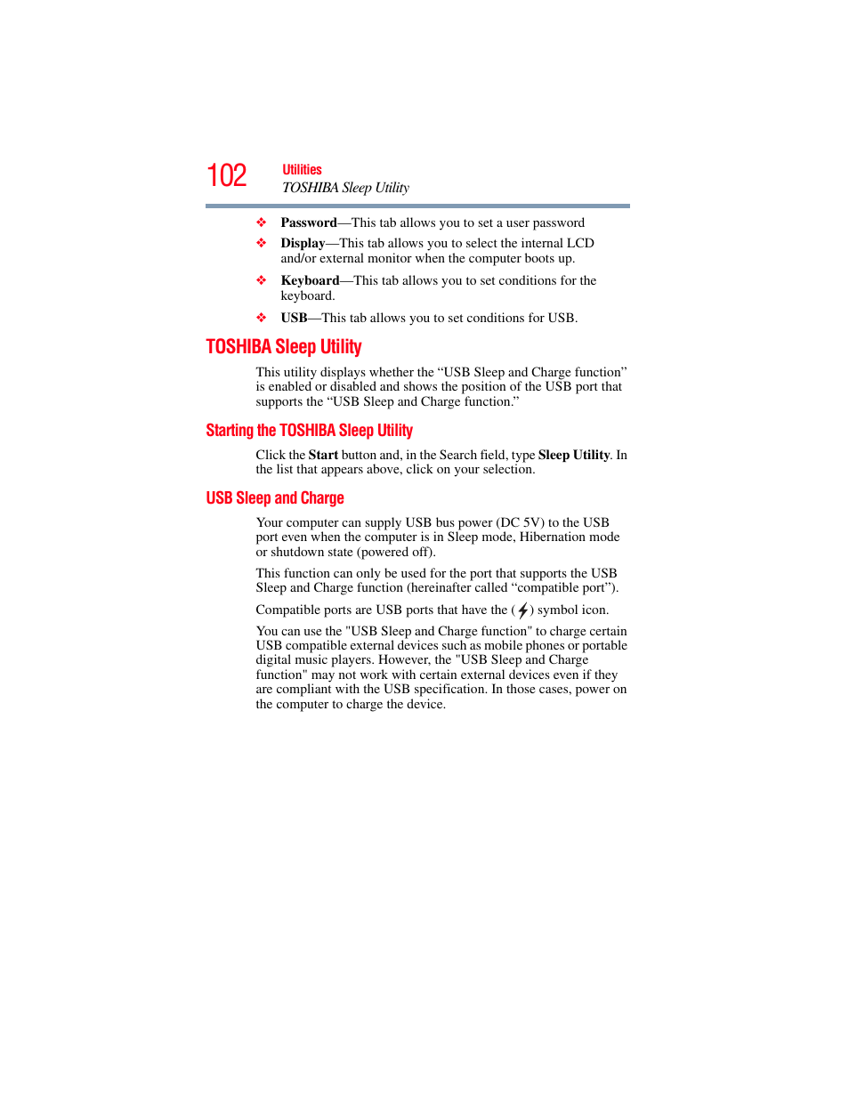 Toshiba sleep utility, Starting the toshiba sleep utility, Usb sleep and charge | Toshiba LX800 User Manual | Page 102 / 159