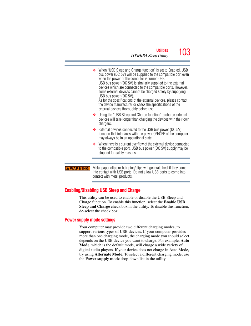 Enabling/disabling usb sleep and charge, Power supply mode settings | Toshiba LX800 User Manual | Page 103 / 159