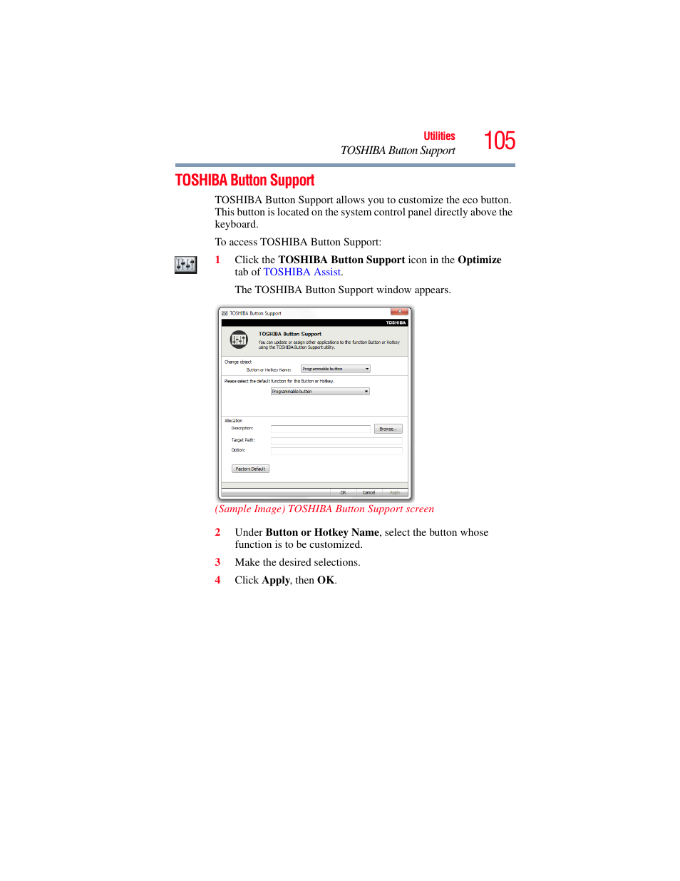 Toshiba button support | Toshiba LX800 User Manual | Page 105 / 159