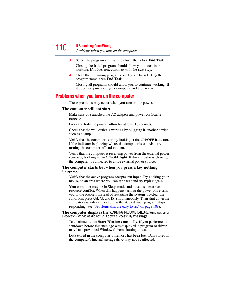 Problems when you turn on the computer | Toshiba LX800 User Manual | Page 110 / 159