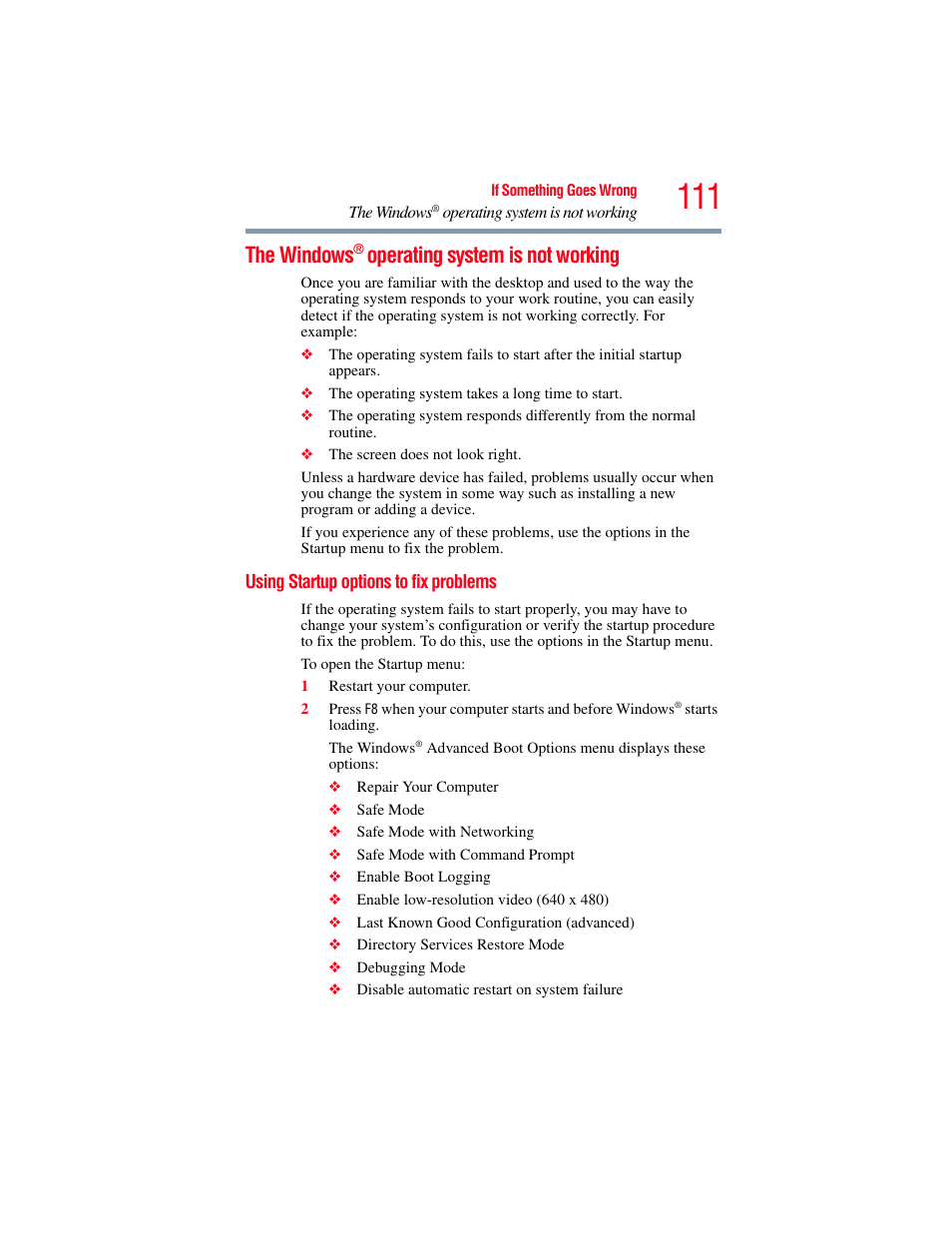 The windows® operating system is not working, Using startup options to fix problems, The windows | Operating system is not working | Toshiba LX800 User Manual | Page 111 / 159