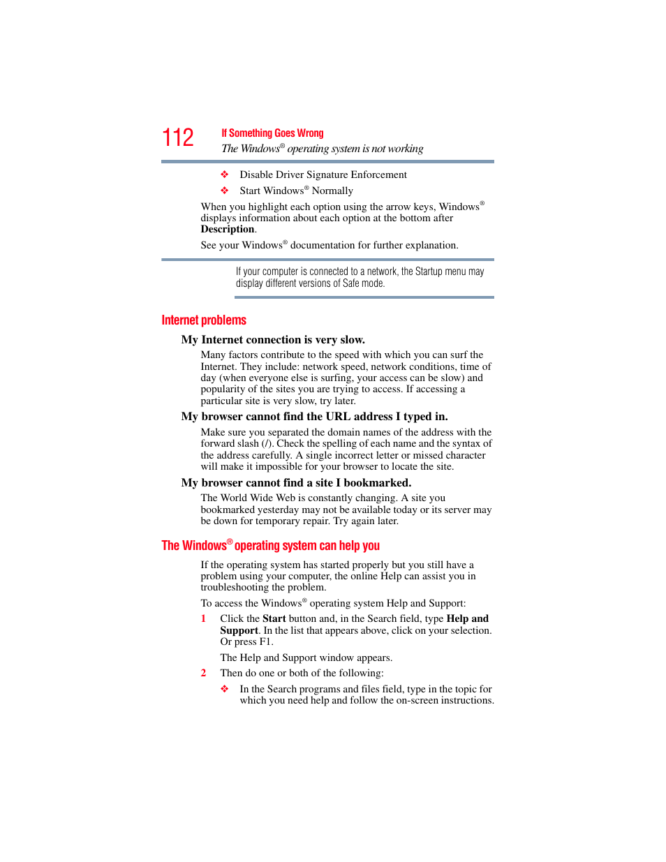 Internet problems, The windows® operating system can help you, Internet problems the windows | Toshiba LX800 User Manual | Page 112 / 159