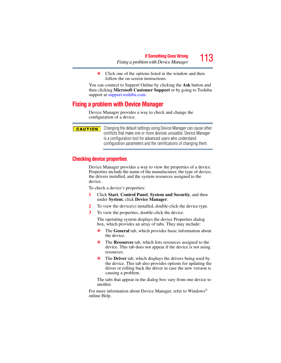 Fixing a problem with device manager, Checking device properties | Toshiba LX800 User Manual | Page 113 / 159