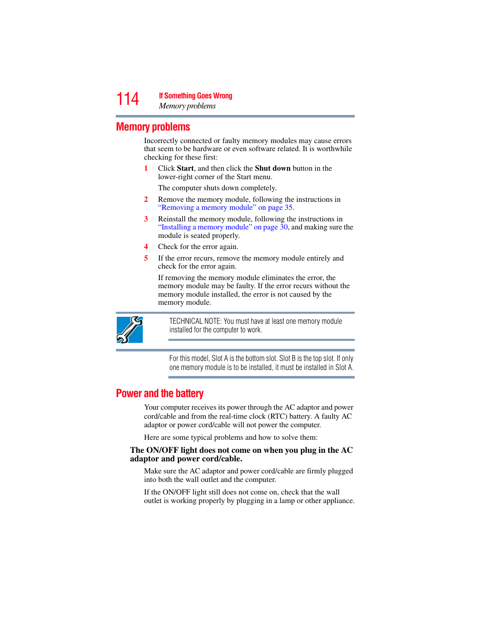 Memory problems, Power and the battery, Memory problems power and the battery | Toshiba LX800 User Manual | Page 114 / 159