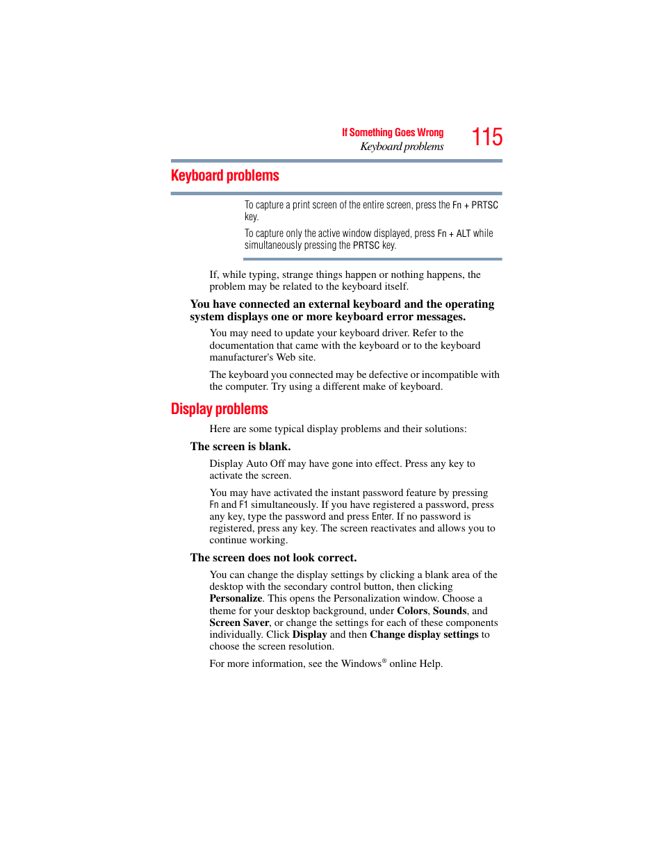 Keyboard problems, Display problems, Keyboard problems display problems | Toshiba LX800 User Manual | Page 115 / 159