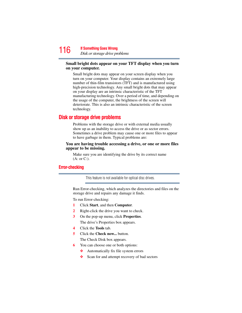 Disk or storage drive problems, Error-checking | Toshiba LX800 User Manual | Page 116 / 159