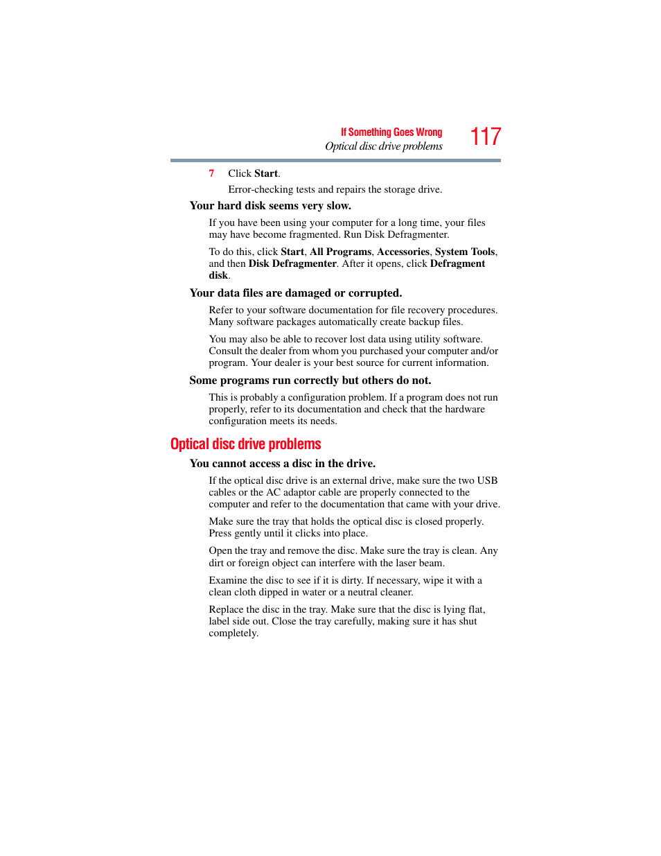 Optical disc drive problems | Toshiba LX800 User Manual | Page 117 / 159