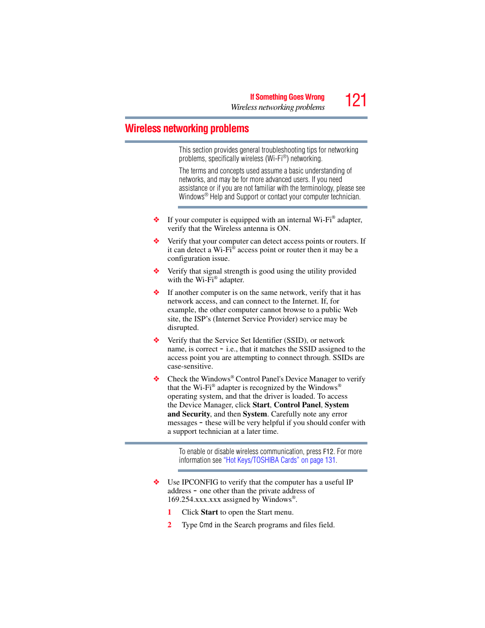 Wireless networking problems, Wireless | Toshiba LX800 User Manual | Page 121 / 159