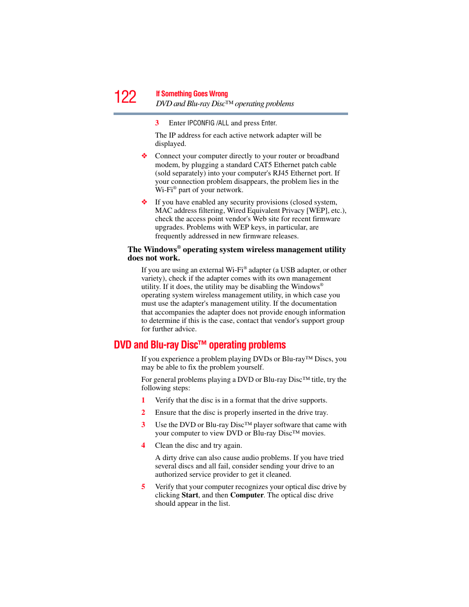 Dvd and blu-ray disc™ operating problems | Toshiba LX800 User Manual | Page 122 / 159