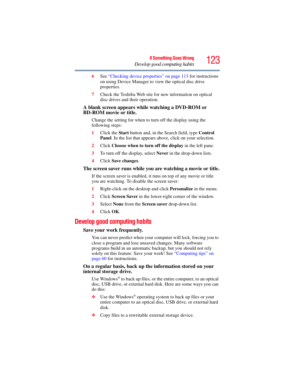 Develop good computing habits | Toshiba LX800 User Manual | Page 123 / 159