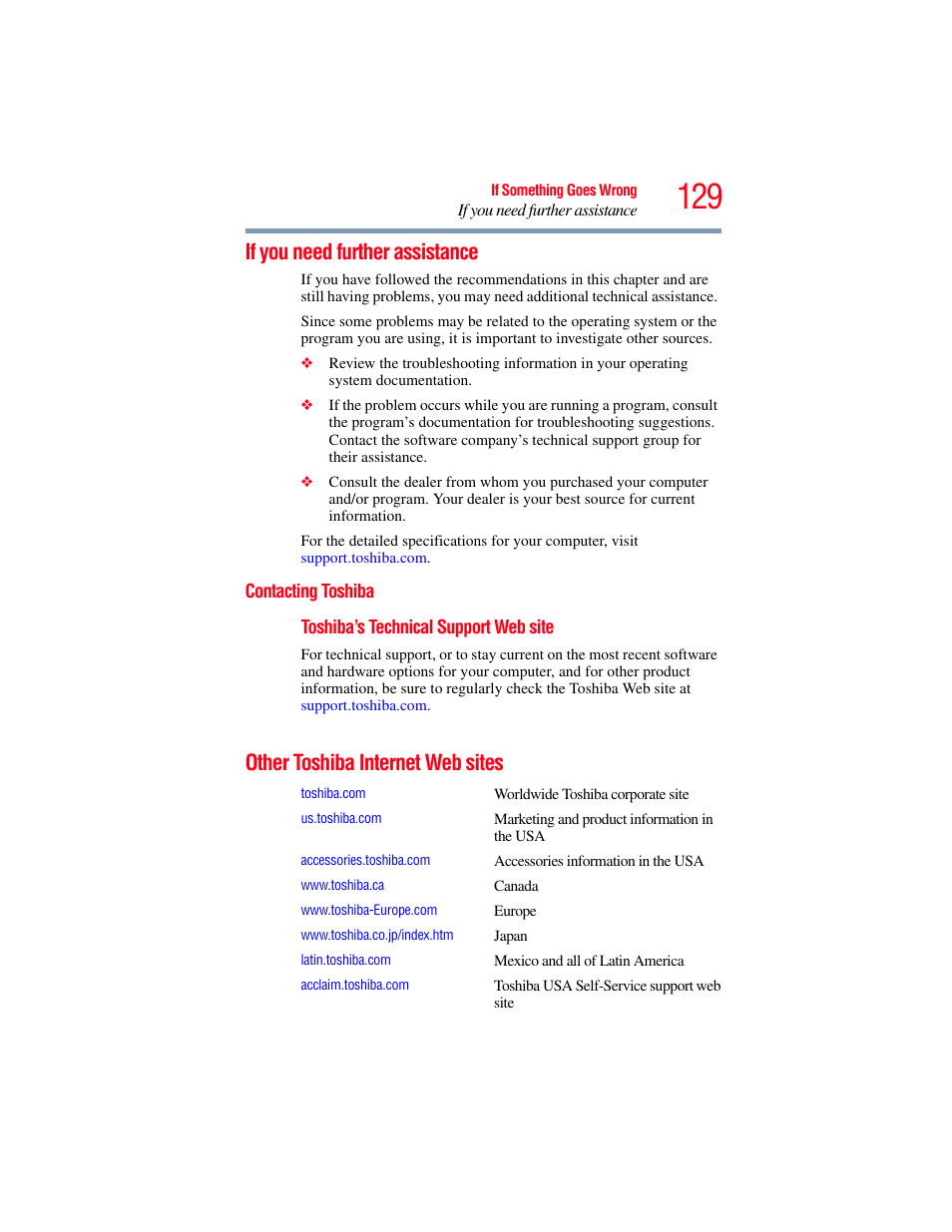 If you need further assistance, Contacting toshiba, Other toshiba internet web sites | Toshiba LX800 User Manual | Page 129 / 159