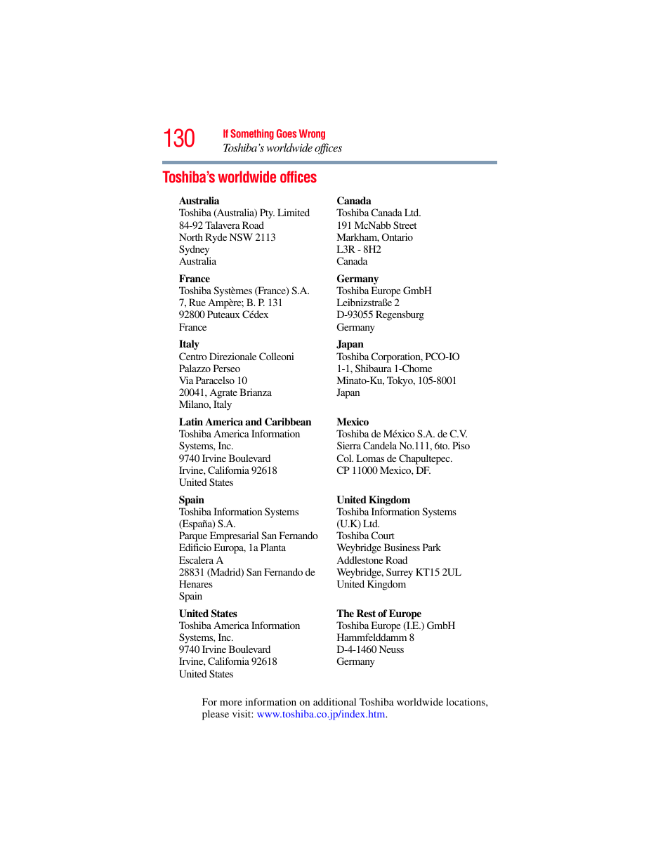 Toshiba’s worldwide offices | Toshiba LX800 User Manual | Page 130 / 159