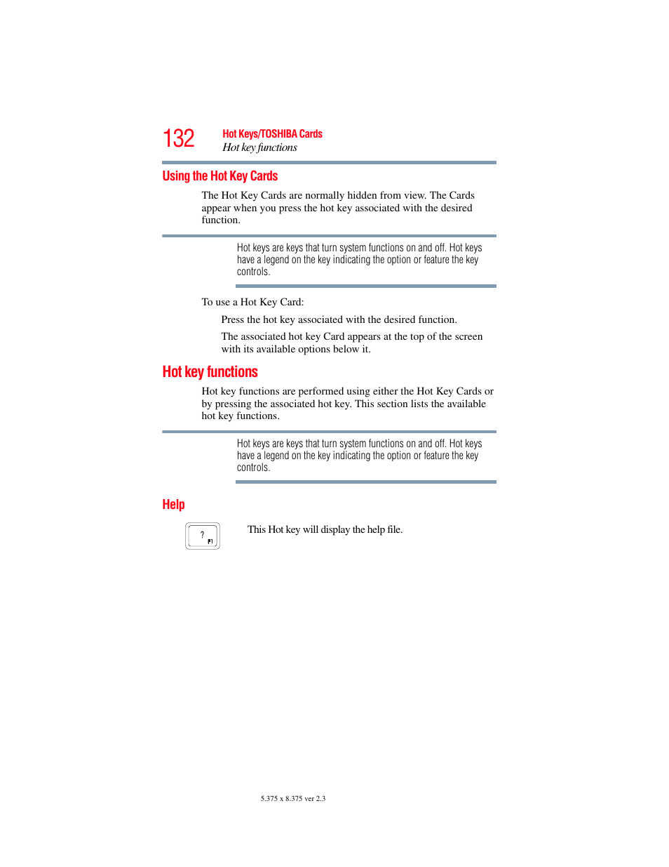 Using the hot key cards, Hot key functions, Help | Toshiba LX800 User Manual | Page 132 / 159