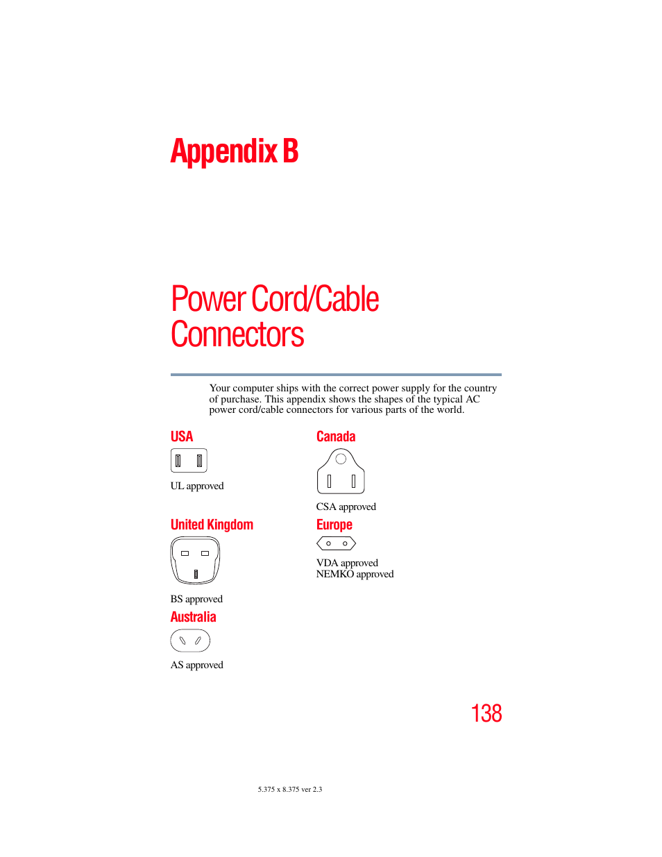 Appendix b: power cord/cable connectors, Power cord/cable connectors, Appendix b | Toshiba LX800 User Manual | Page 138 / 159