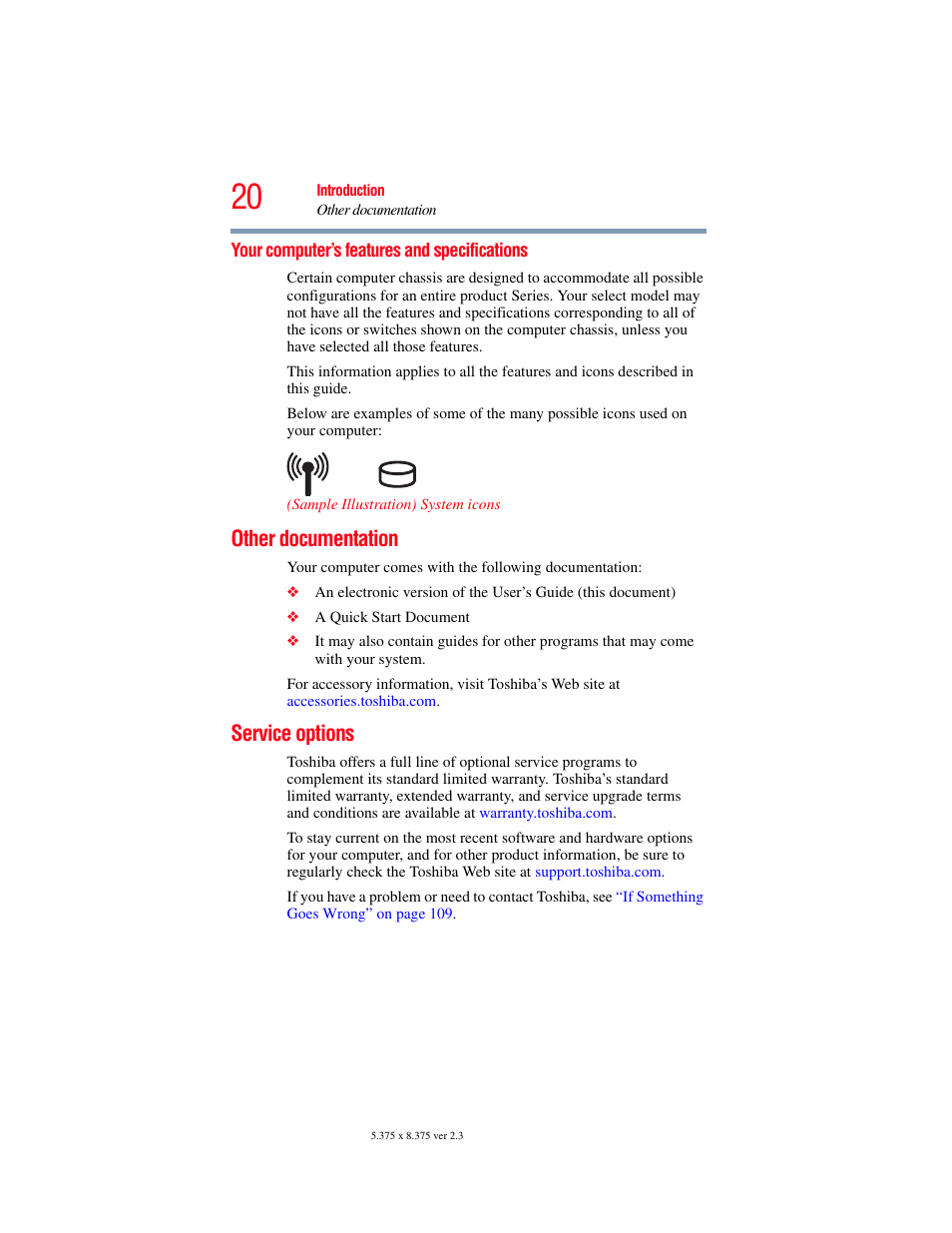 Your computer’s features and specifications, Other documentation, Service options | Other documentation service options | Toshiba LX800 User Manual | Page 20 / 159