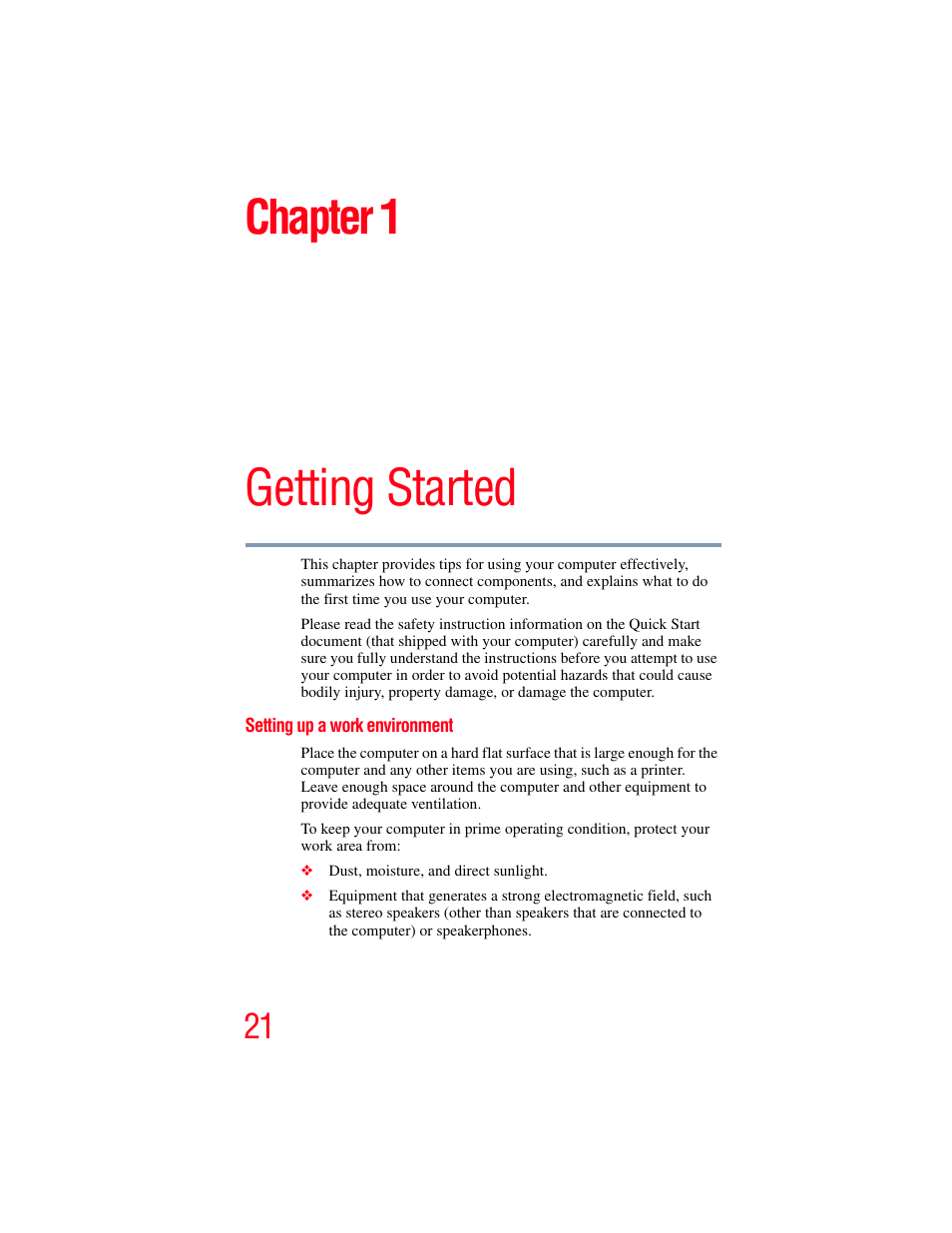 Chapter 1: getting started, Setting up a work environment, Getting started | Chapter 1 | Toshiba LX800 User Manual | Page 21 / 159