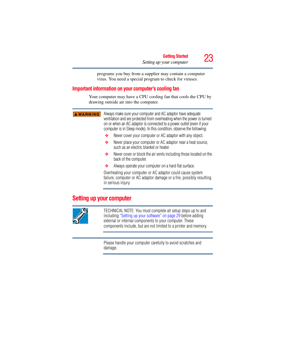 Setting up your computer, Important information on, Your computer’s cooling fan | Toshiba LX800 User Manual | Page 23 / 159