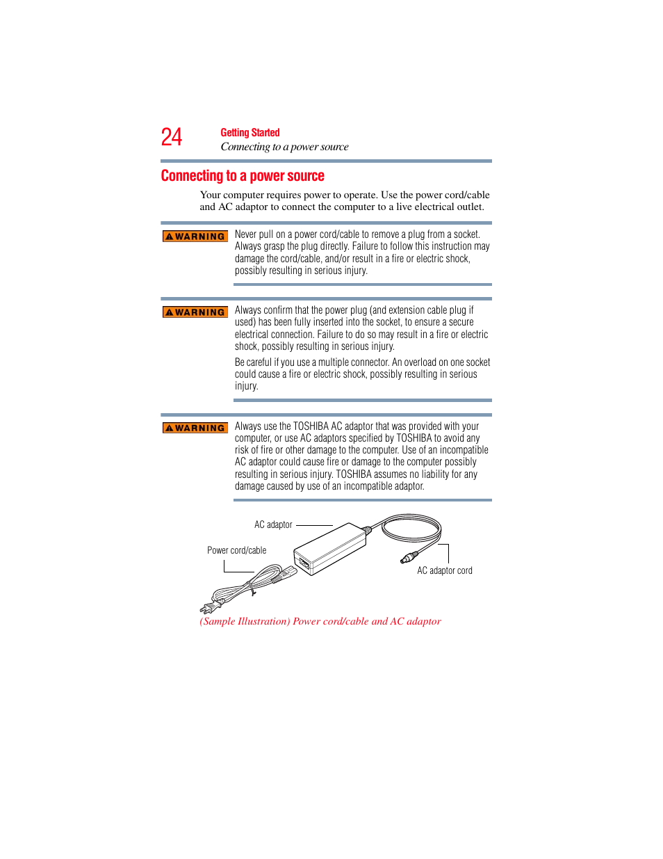 Connecting to a power source | Toshiba LX800 User Manual | Page 24 / 159