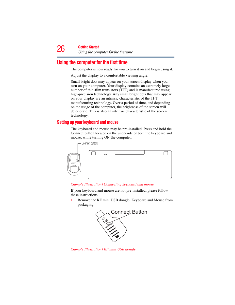 Using the computer for the first time, Setting up your keyboard and mouse, Connect button | Toshiba LX800 User Manual | Page 26 / 159