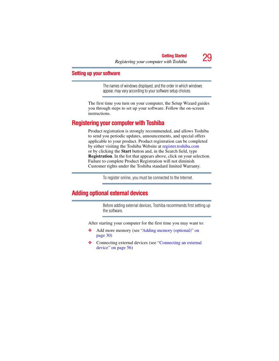 Setting up your software, Registering your computer with toshiba, Adding optional external devices | Toshiba LX800 User Manual | Page 29 / 159