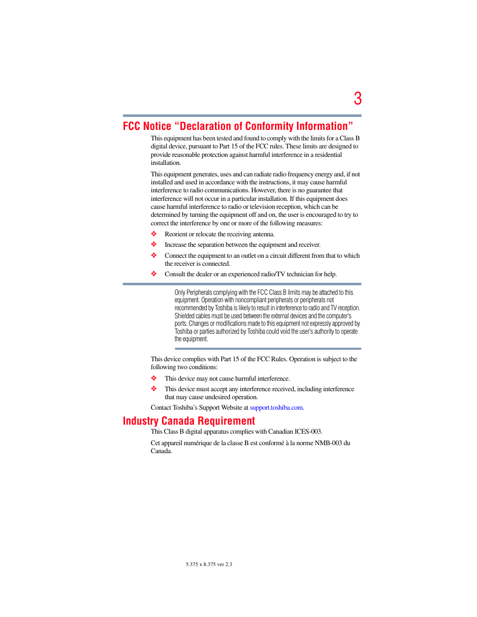 Fcc notice “declaration of conformity information, Industry canada requirement | Toshiba LX800 User Manual | Page 3 / 159