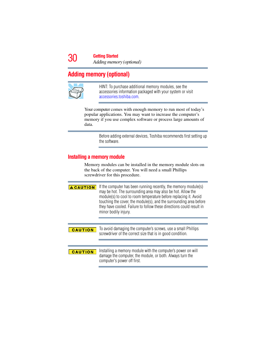 Adding memory (optional), Installing a memory module, Adding memory (optional)” on | Toshiba LX800 User Manual | Page 30 / 159