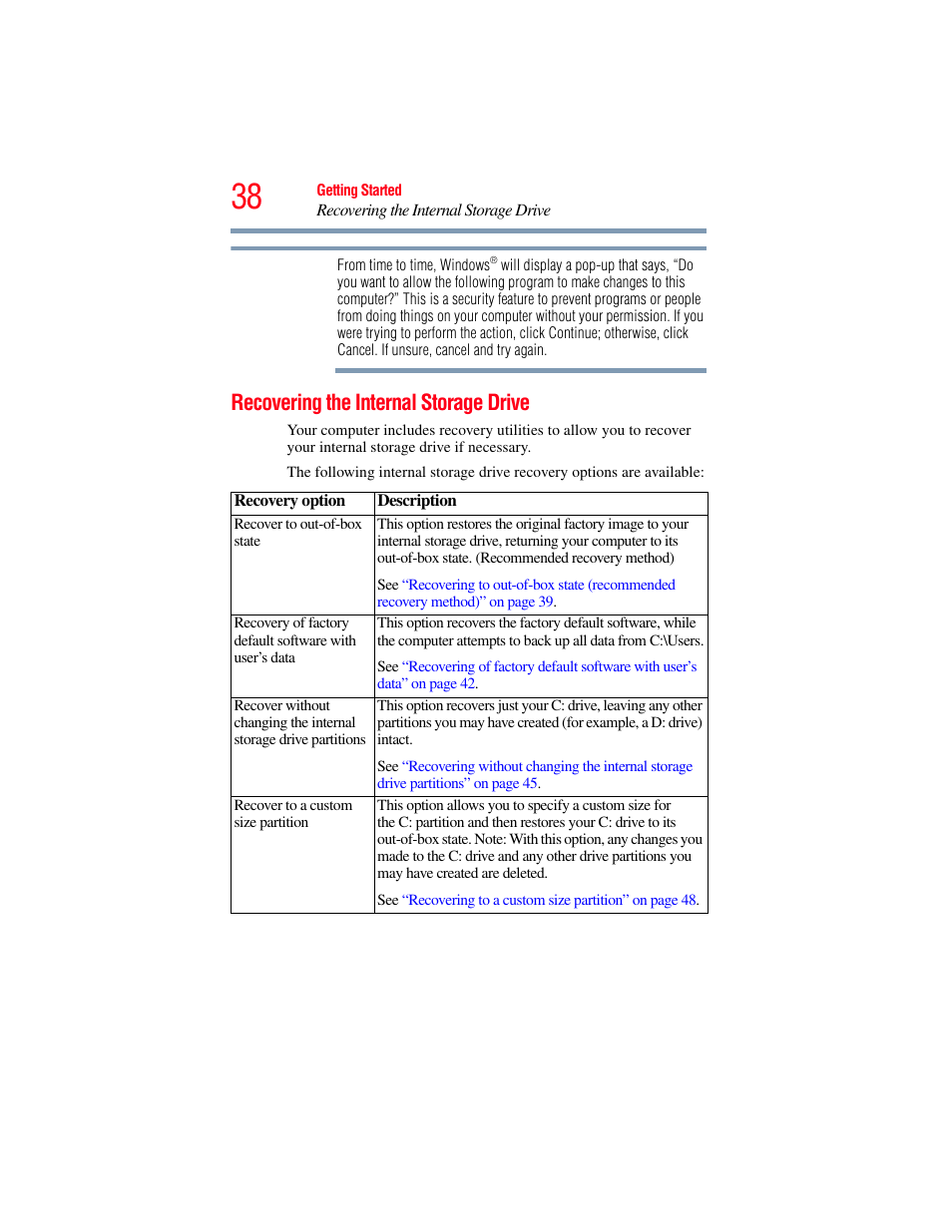 Recovering the internal storage drive | Toshiba LX800 User Manual | Page 38 / 159