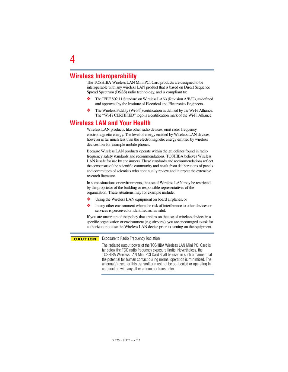 Wireless interoperability, Wireless lan and your health | Toshiba LX800 User Manual | Page 4 / 159