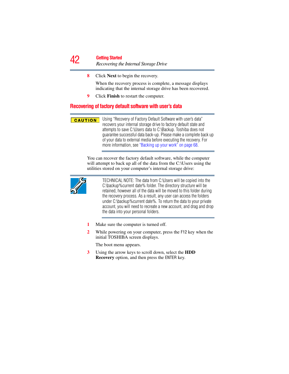 Recovering of factory default software, With user’s data, Recovering of factory default software with user’s | Toshiba LX800 User Manual | Page 42 / 159