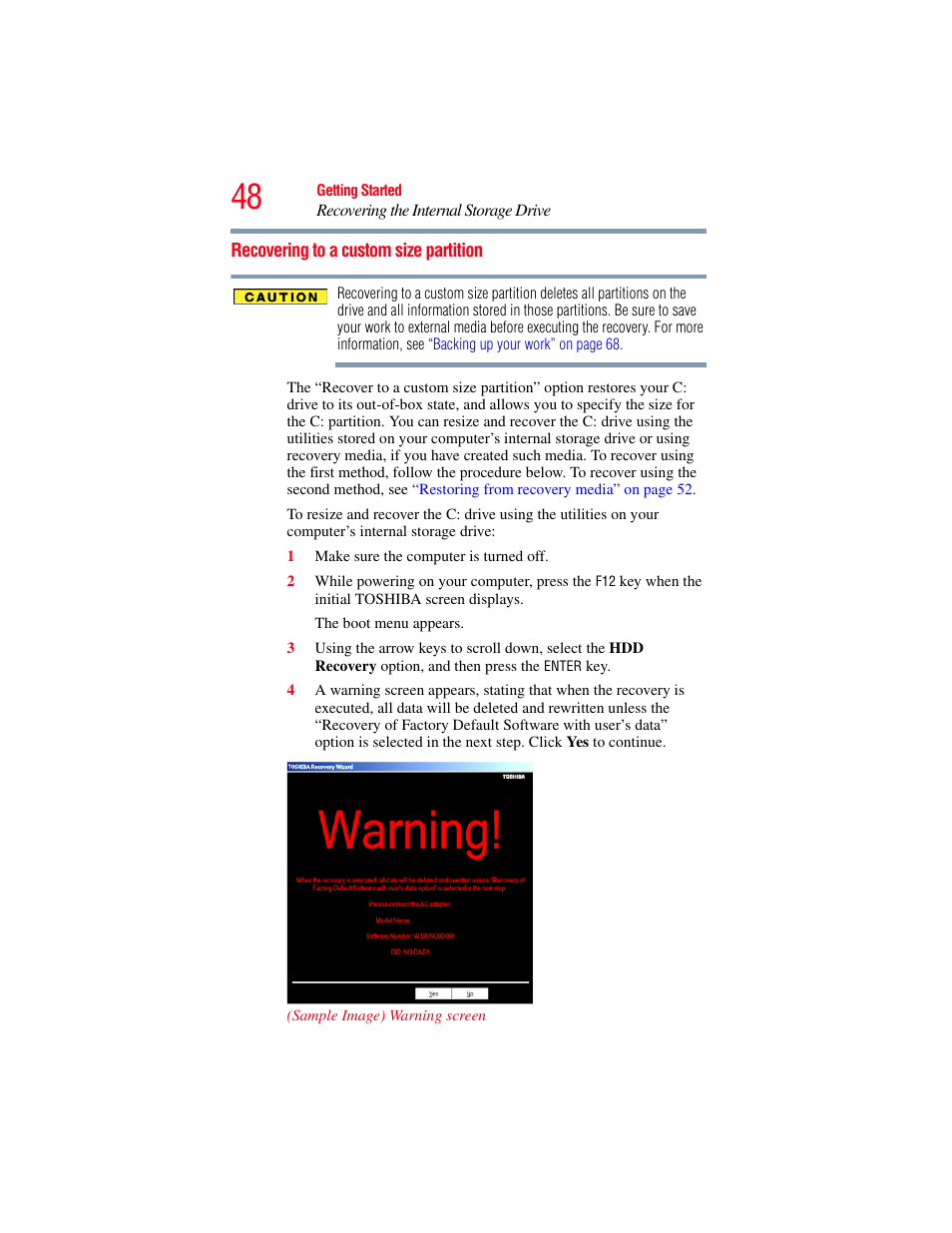 Recovering to a custom size partition | Toshiba LX800 User Manual | Page 48 / 159