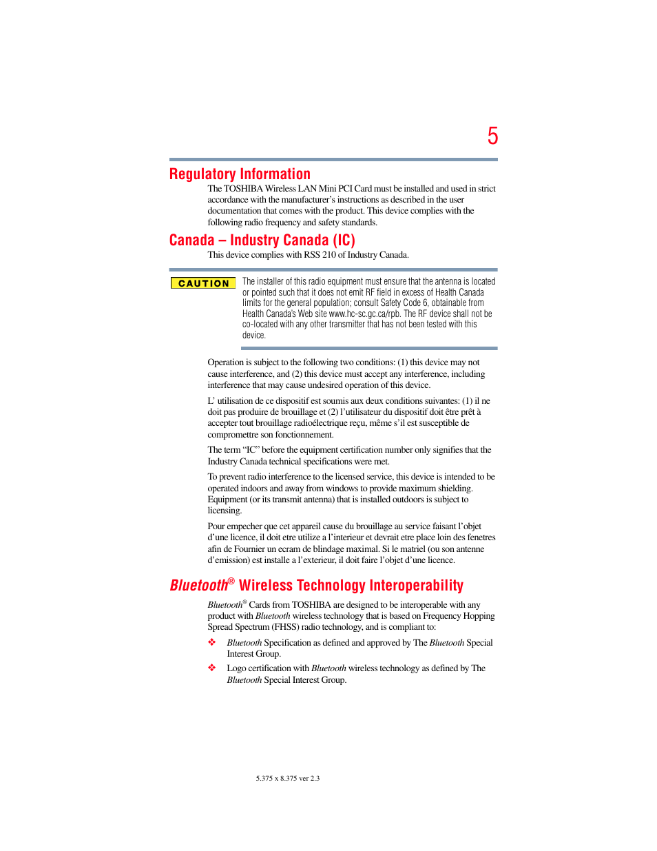 Regulatory information, Canada – industry canada (ic), Bluetooth | Wireless technology interoperability | Toshiba LX800 User Manual | Page 5 / 159