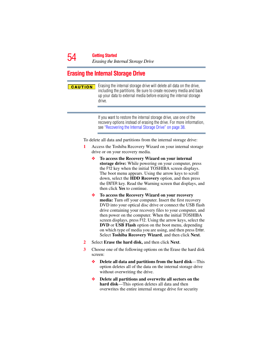 Erasing the internal storage drive, Erasing the internal storage | Toshiba LX800 User Manual | Page 54 / 159