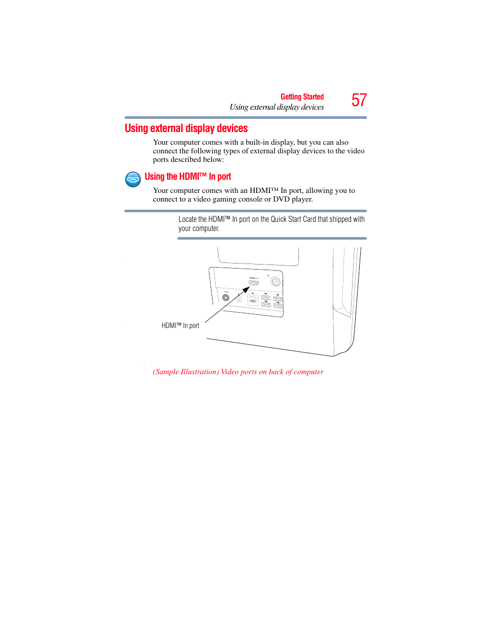 Using external display devices, Using the hdmi™ in port | Toshiba LX800 User Manual | Page 57 / 159