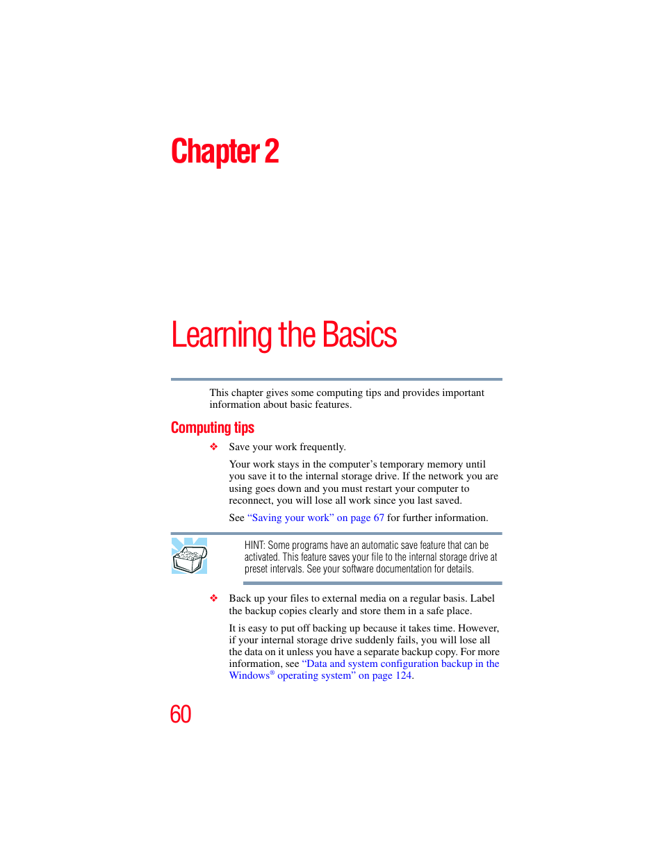 Chapter 2: learning the basics, Computing tips, Learning the basics | Chapter 2 | Toshiba LX800 User Manual | Page 60 / 159