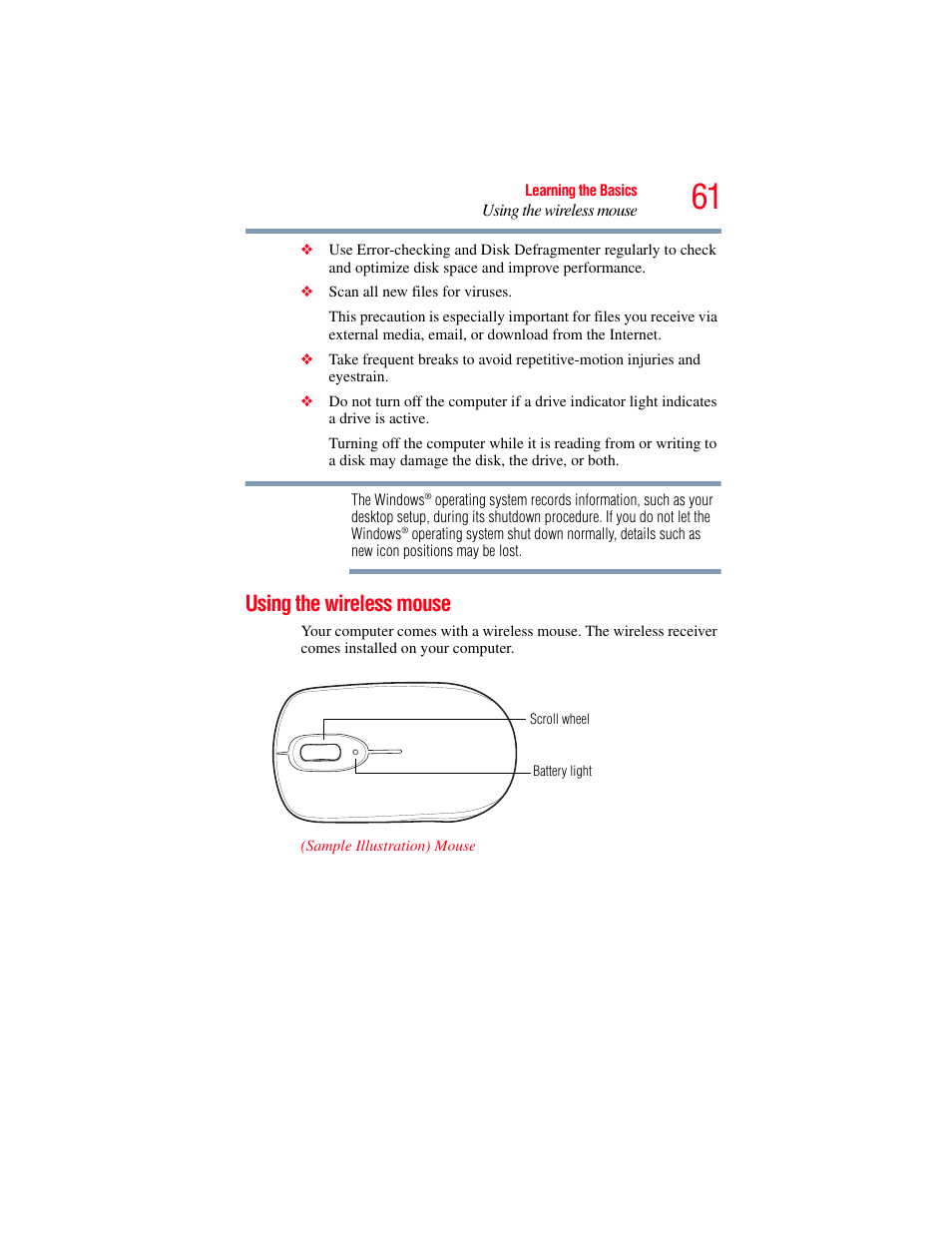 Using the wireless mouse | Toshiba LX800 User Manual | Page 61 / 159