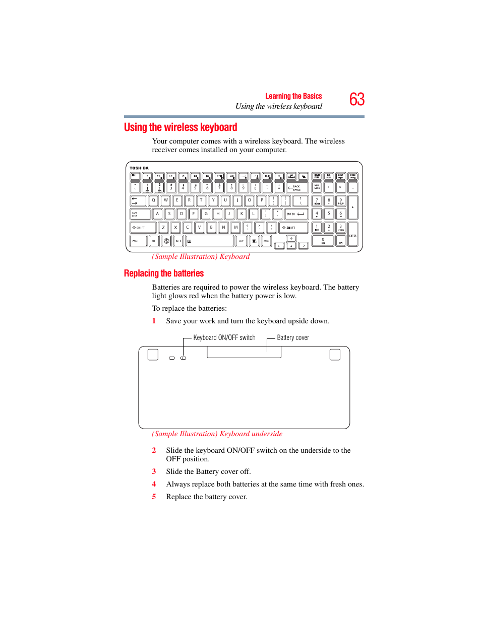 Using the wireless keyboard, Replacing the batteries, Learning the basics | Toshiba LX800 User Manual | Page 63 / 159