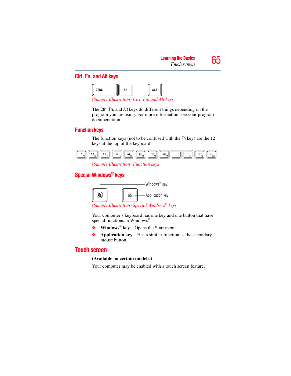 Ctrl, fn, and alt keys, Function keys, Special windows® keys | Touch screen | Toshiba LX800 User Manual | Page 65 / 159