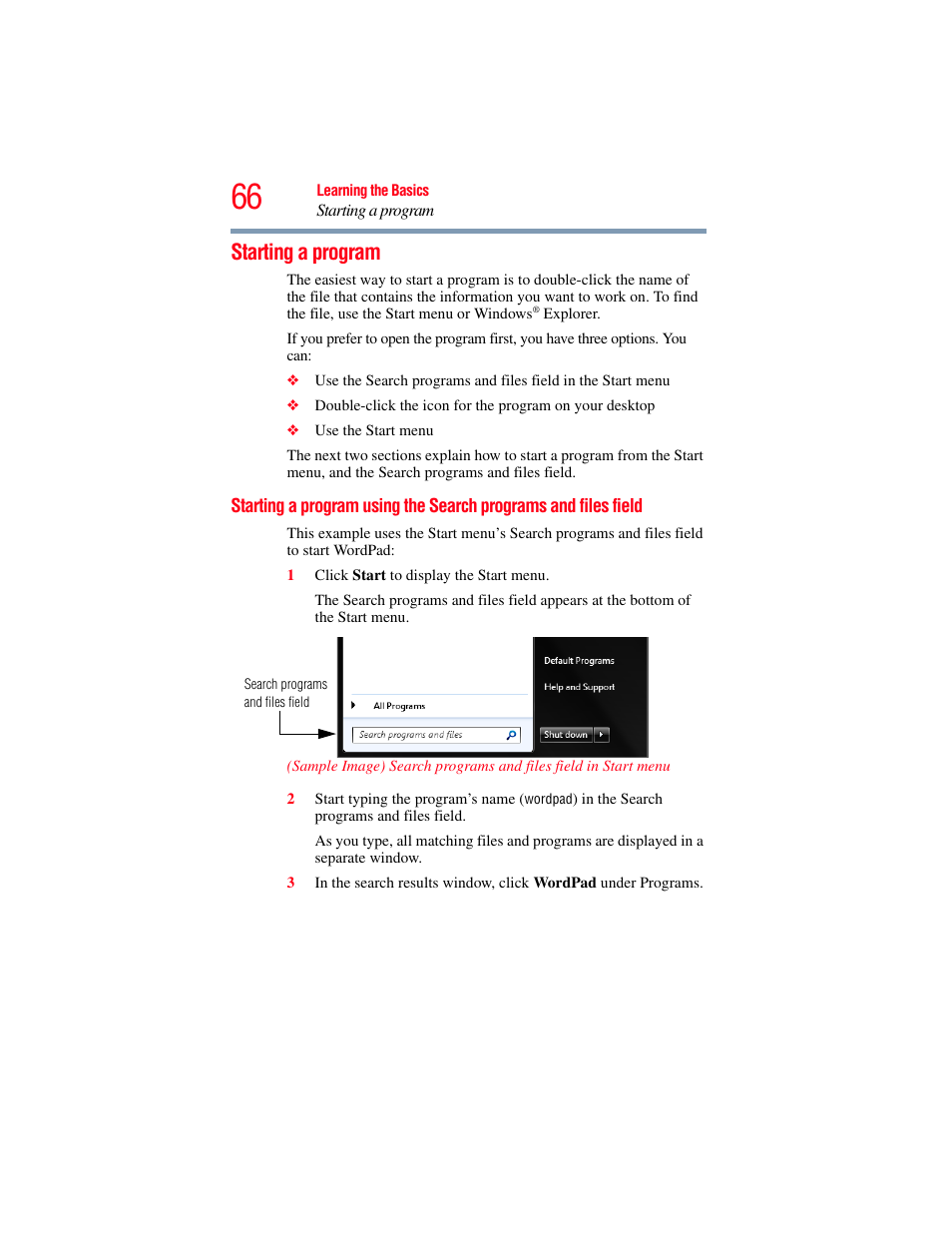 Starting a program, Starting a program using, The search programs and files field | Toshiba LX800 User Manual | Page 66 / 159