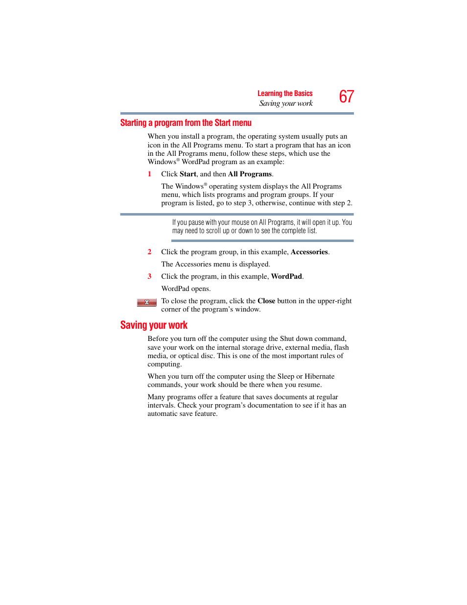 Starting a program from the start menu, Saving your work | Toshiba LX800 User Manual | Page 67 / 159