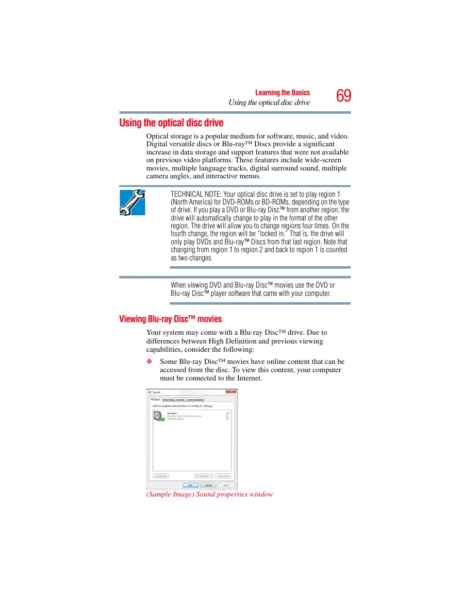 Using the optical disc drive, Viewing blu-ray disc™ movies | Toshiba LX800 User Manual | Page 69 / 159