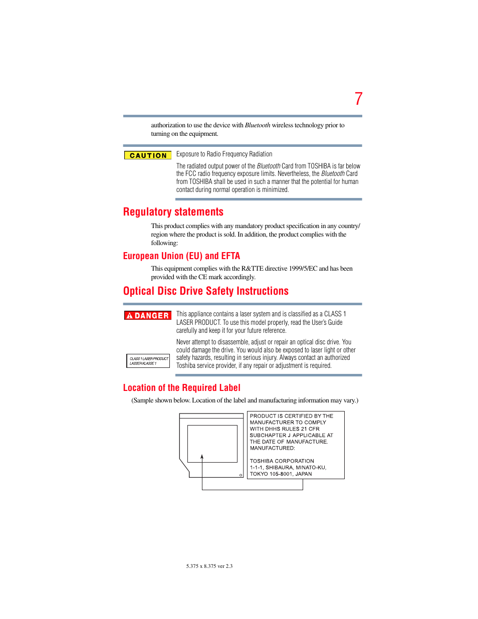 Regulatory statements, Optical disc drive safety instructions | Toshiba LX800 User Manual | Page 7 / 159