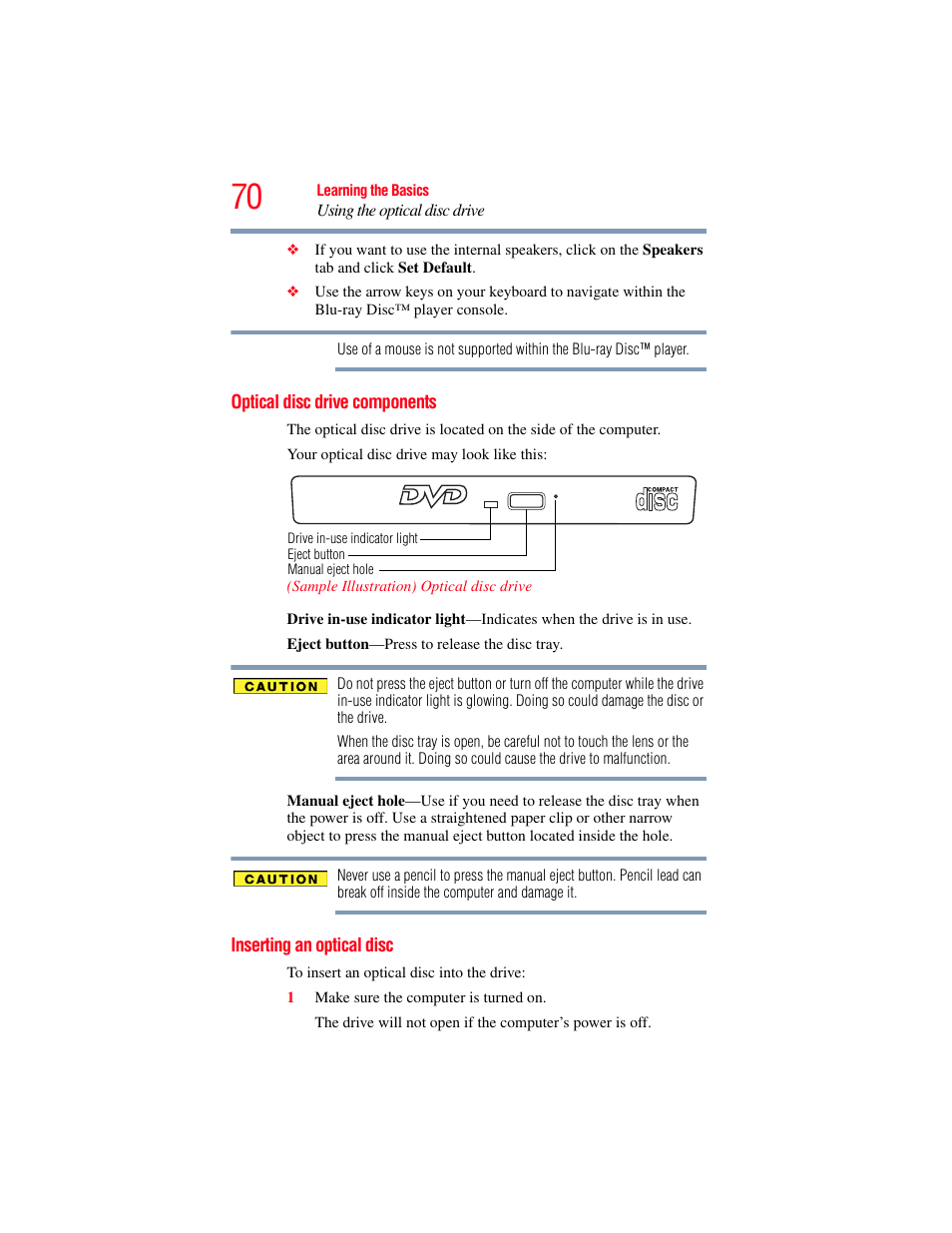 Optical disc drive components, Inserting an optical disc | Toshiba LX800 User Manual | Page 70 / 159